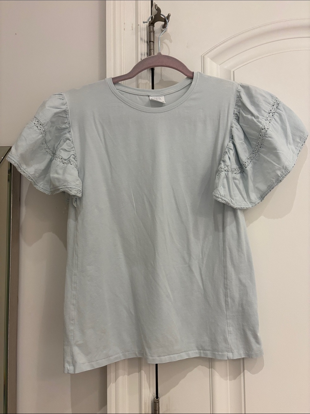 Zara Light Blue Puff Sleeve Tee with Eyelet Detailing